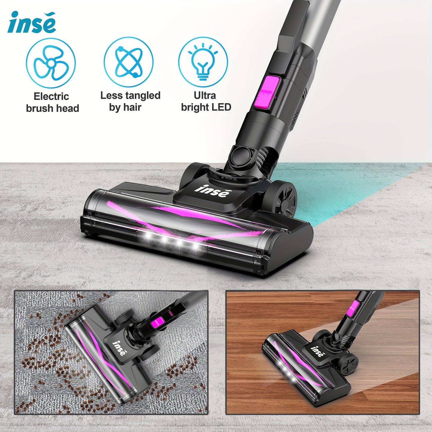 INSE Corded And Cordless Vacuum Cleaner For Home, 35-70KPA 6-in-1Rechargeable Powerful Handheld Vacuum Cleaner/Detachable Battery, Running Time 45 Minutes, 50.5 Oz Dust Cup, LED Brush, Vacuum Cleaners For Home, Hardwood Floor, Carpet And Pet Hair