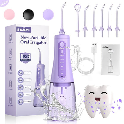 SEJOY Wireless Oral Irrigator, 5 Modes And 8 Nozzles, Portable 11.83oz Electric Oral Irrigator, Dental Irrigator for Home And Travel, IPX7 Waterproof