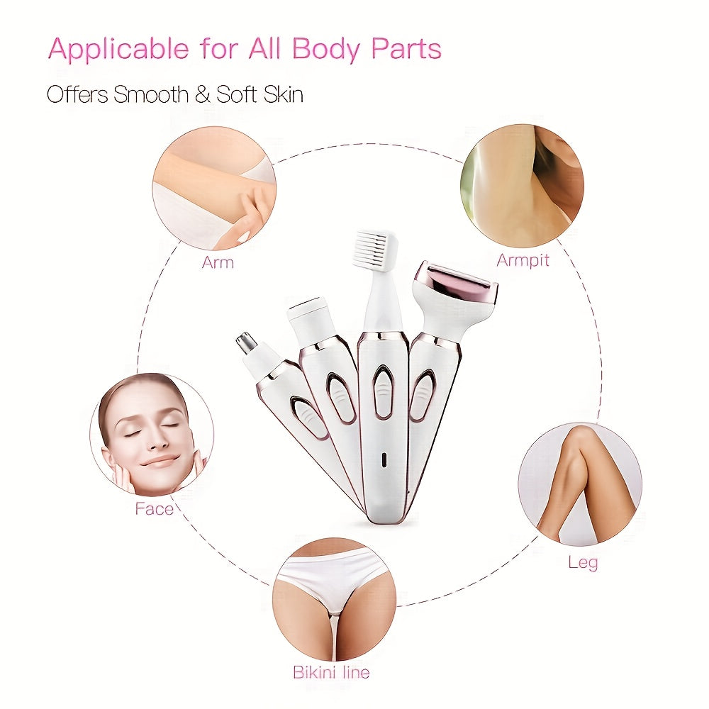 [4-in-1 Painless Razor for Women] 4-in-1 Rechargeable Electric Razor for Women - Face, Nose, Legs, Underarm, Bikini Trimmer - Wet & Dry, Painless Grooming Kit - Portable & Rechargeable