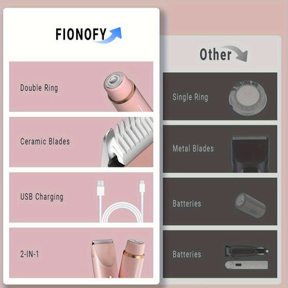 Women's 2-in-1 Dual-Head Electric Bikini Trimmer & Facial Shaver - USB- Wet/Dry Epilation Device Suitable for Bikini, Underarms, Legs, Arms, Face - Long-Lasting Battery, Body Hair Removal Tool with Ergonomic Grip