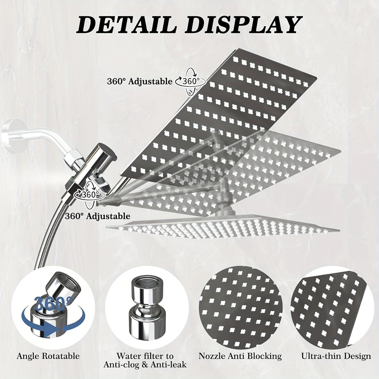 Shower Head, High Pressure Rainfall/Handheld Shower Combo with 11'' Extension Arm, 3 Settings, Anti-Leak Shower Head with Holder, Height/Angle Adjustable, Chrome, Matte Black