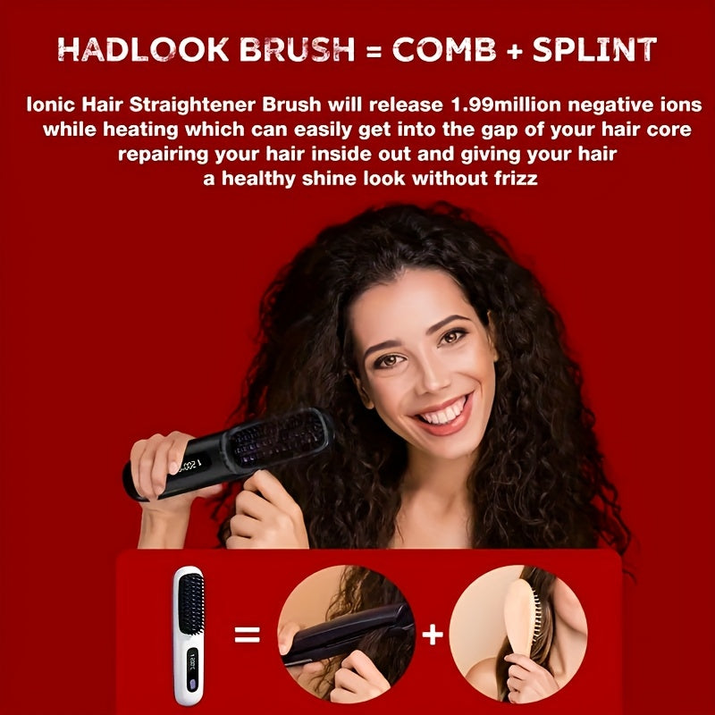 Portable Wireless Hair Straightener Comb | USB Charging, 3-speed Temperature Control, Negative Ion Technology, Long-lasting Luster, LED Display, Lightweight, Perfect for Travel, Includes Comb and Clip.