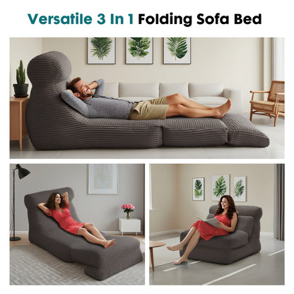 3-in-1 Folding Sofa Bed, Convertible Sleeper Sofa Chair with Memory Foam Mattress & Cushions - Space-Saving Bed/Lounge Chair for Small Spaces, Apartments, Dorms - No Assembly Required, Modern Floor Bed (Black/Dark Grey/ Grey)