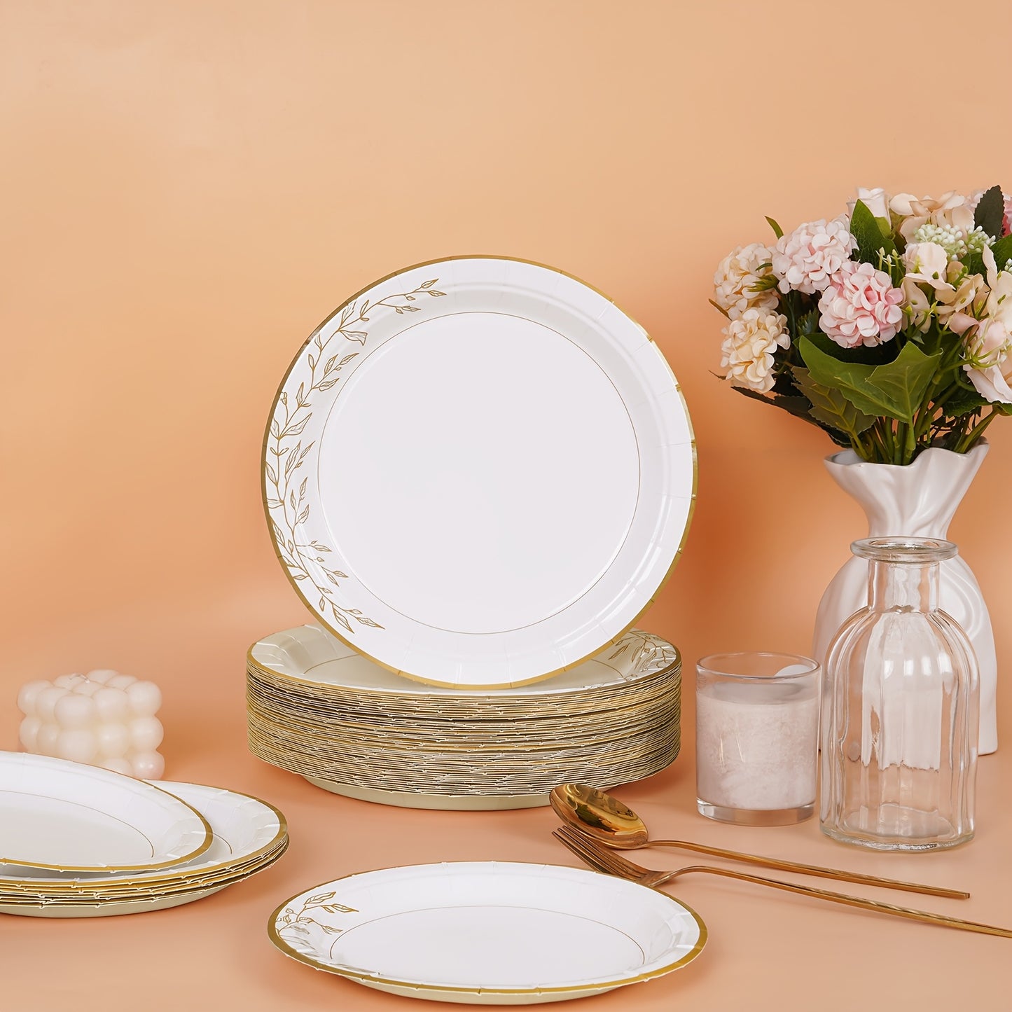 300/200/100 Disposable Tableware Set, Golden Disposable Paper Plates, 9'' Disposable Dinner Plates, 7'' Dessert Plates, Minimalist Family-size Disposable Dinnerware For Wedding Birthday Banquet Anniversary Picnic Thanksgiving Christmas Party Decor