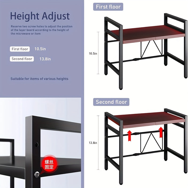 Microwave Stand, Expandable Carbon Steel Heavy Duty 2-Tier Shelf, 55lbs Weight Capacity, 6 Hooks, for Kitchen Shelves Counter Top Organizer Utensils Tableware Storage, Bakers Rack