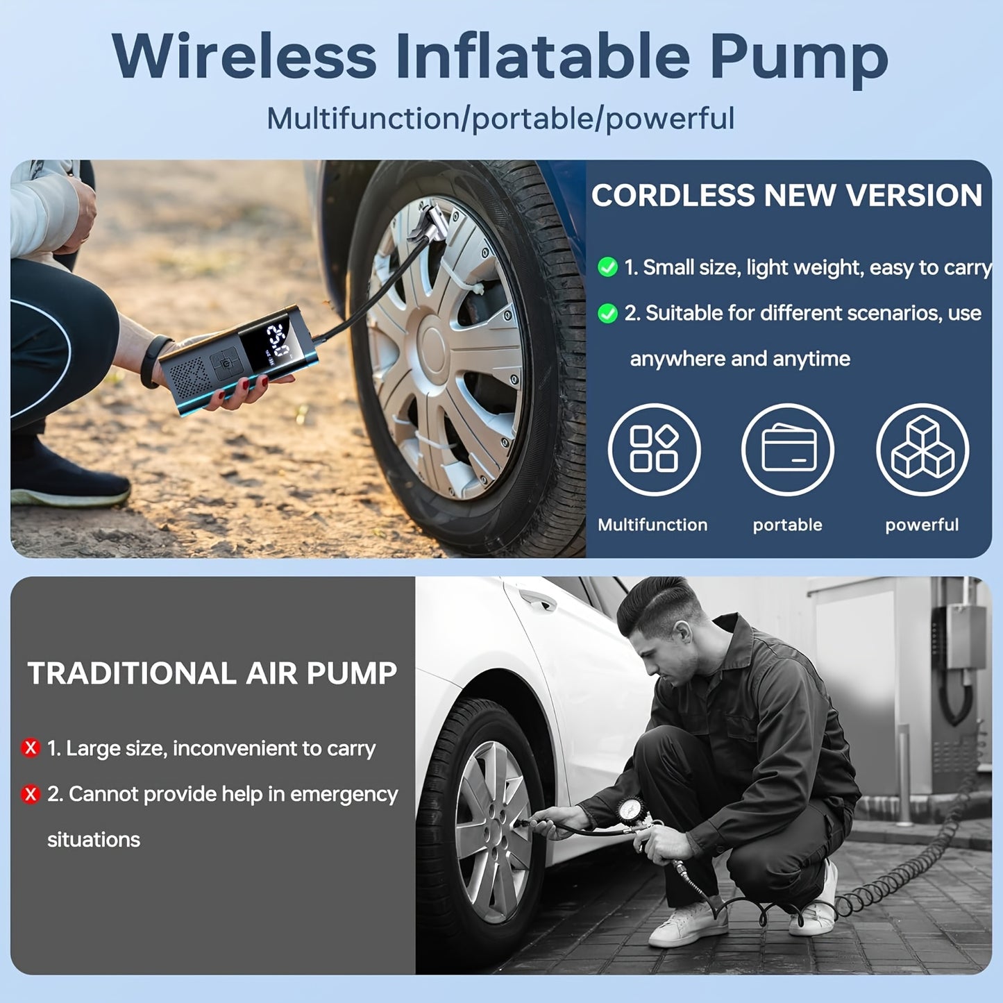 Tire Inflator Portable Air Compressor, 150PSI Car Tire Pump with Tire Pressure Gauge, LED, 3X Quick One-Button Intelligent Cordless Tire Pump Suitable for Cars, Motorcycles, Bicycles, Balls, etc