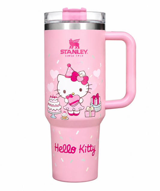 Big Cat Pink Stanley Quencher Tumbler 40oz – Insulated Travel Mug with Handle & Straw