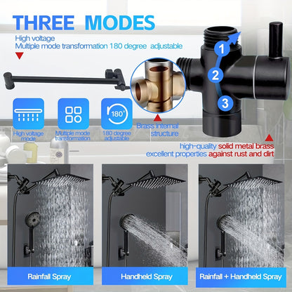 Shower Head, High Pressure Rainfall/Handheld Shower Combo with 11'' Extension Arm, 3 Settings, Anti-Leak Shower Head with Holder, Height/Angle Adjustable, Chrome, Matte Black