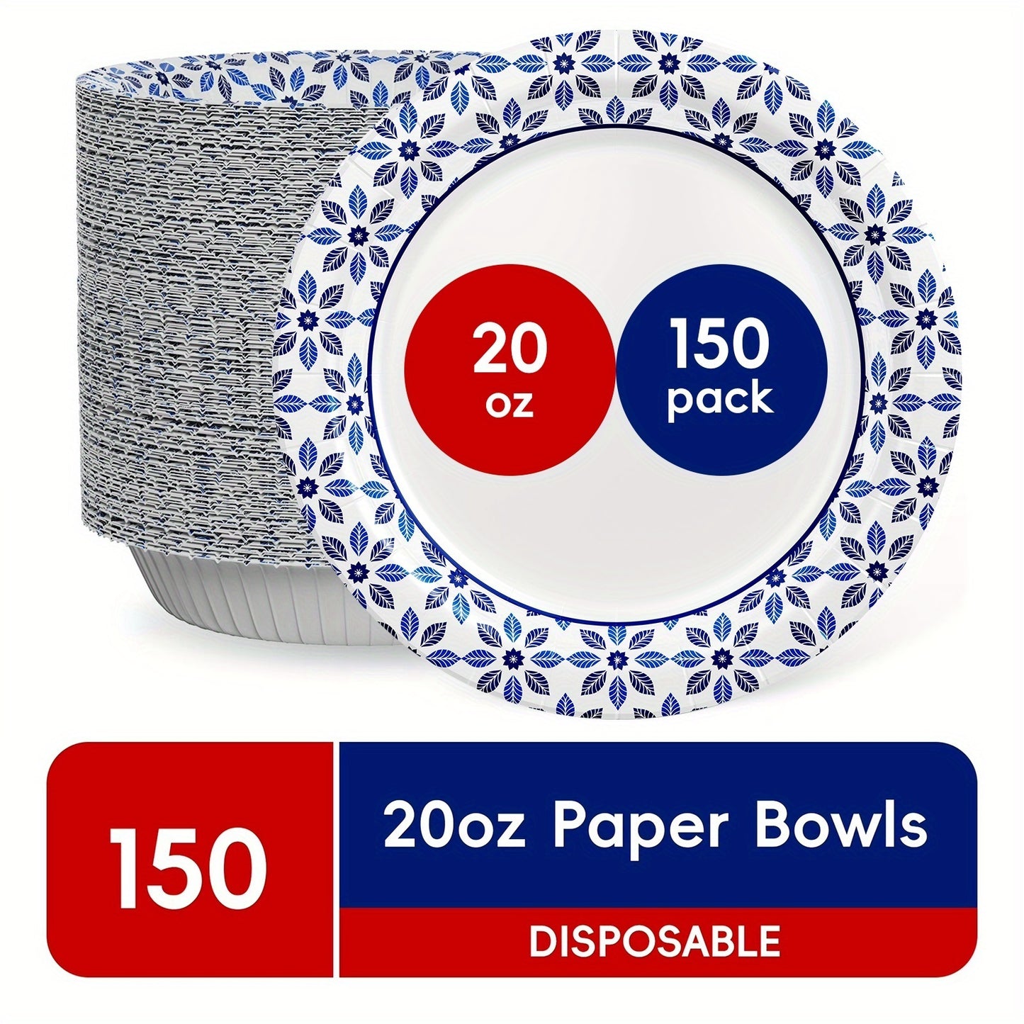 Disposable Paper Bowls, Strong, Soak Proof, Microwave Safe, 20oz, Patterned, 150 Count,  Picnic Essentials, Elegant Disposables, Festive Tableware, Soakproof Material, Durable Disposable, Paper Cups, Bulk Disposables, Event Planners