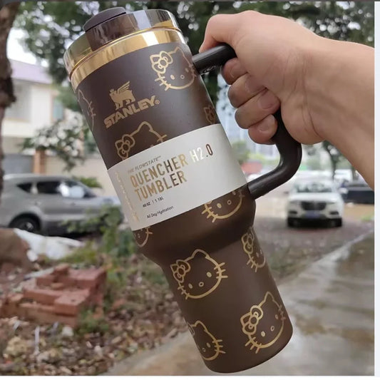 Stanley Quencher H2.0 FlowState Tumbler 40oz – Brown & Gold Dupe Style with Handle