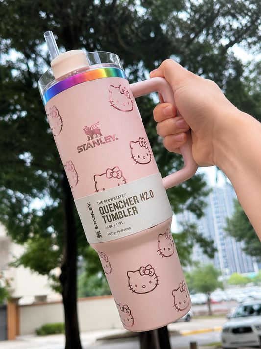 Stanley x Hello Kitty Quencher H2.0 FlowState Tumbler – Blush Pink Rainbow Edition Insulated Travel Mug with Handle & Straw